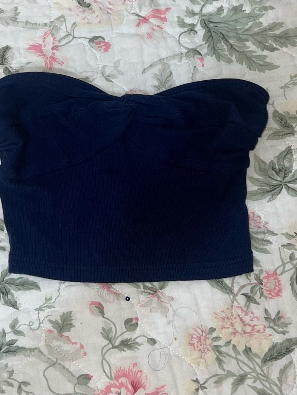 SHEIN Navy Strapless Twist-Front Ribbed Crop Top
